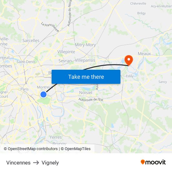 Vincennes to Vignely map