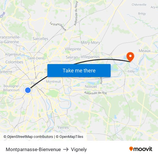 Montparnasse-Bienvenue to Vignely map