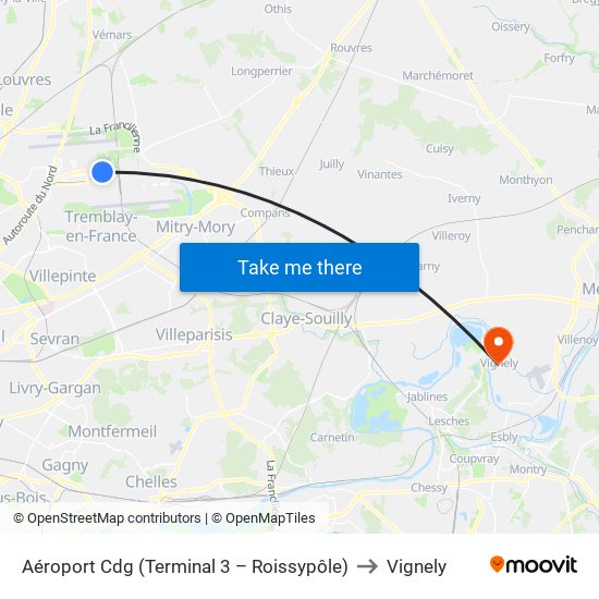 Aéroport Cdg (Terminal 3 – Roissypôle) to Vignely map