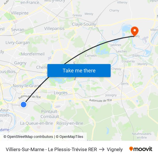 Villiers-Sur-Marne - Le Plessis-Trévise RER to Vignely map