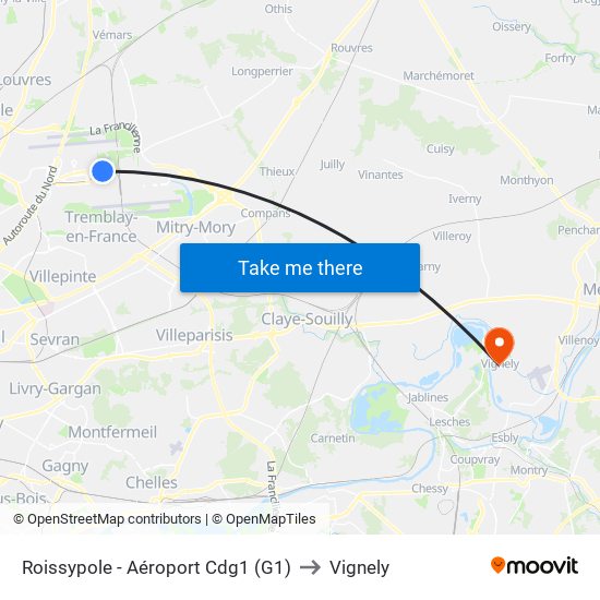 Roissypole - Aéroport Cdg1 (G1) to Vignely map