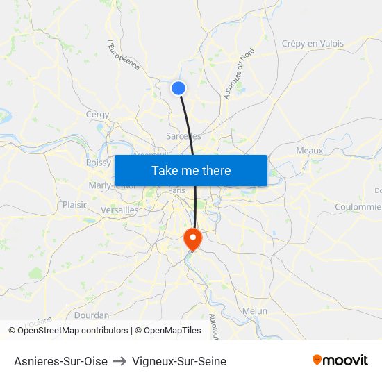 Asnieres-Sur-Oise to Vigneux-Sur-Seine map