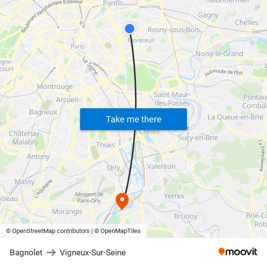 Bagnolet to Vigneux-Sur-Seine map