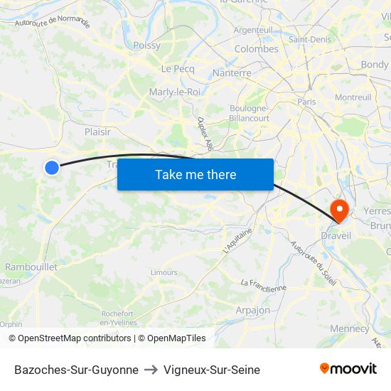 Bazoches-Sur-Guyonne to Vigneux-Sur-Seine map