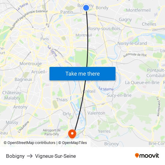 Bobigny to Vigneux-Sur-Seine map