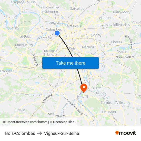 Bois-Colombes to Vigneux-Sur-Seine map