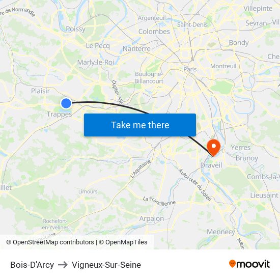 Bois-D'Arcy to Vigneux-Sur-Seine map