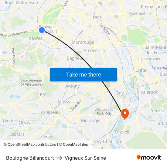 Boulogne-Billancourt to Vigneux-Sur-Seine map