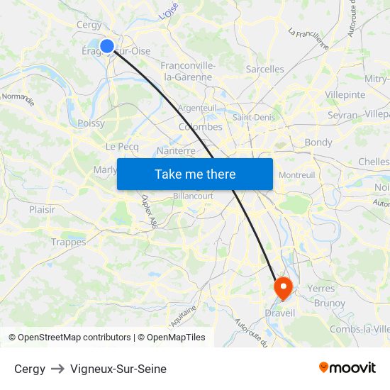 Cergy to Vigneux-Sur-Seine map