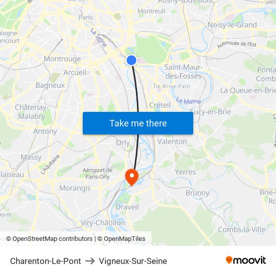 Charenton-Le-Pont to Vigneux-Sur-Seine map