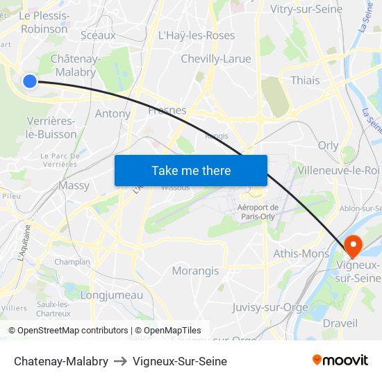 Chatenay-Malabry to Vigneux-Sur-Seine map