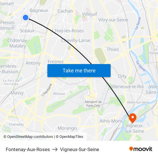 Fontenay-Aux-Roses to Vigneux-Sur-Seine map