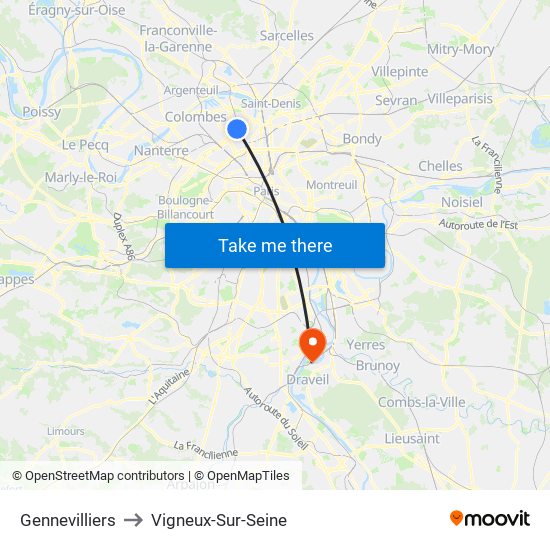 Gennevilliers to Vigneux-Sur-Seine map