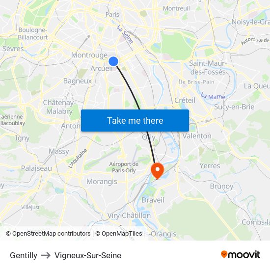 Gentilly to Vigneux-Sur-Seine map