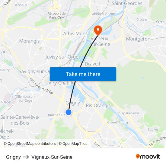 Grigny to Vigneux-Sur-Seine map