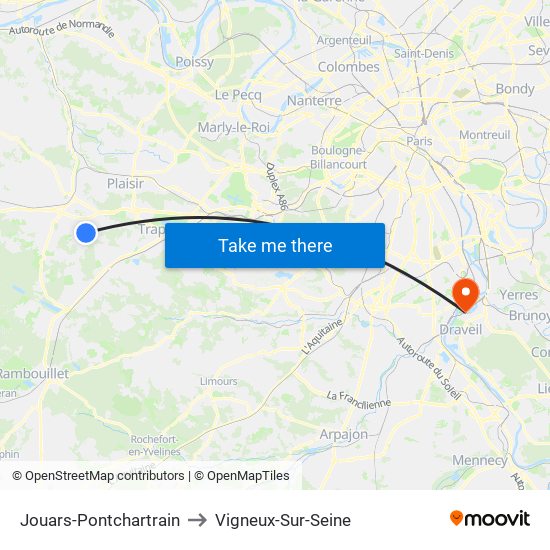 Jouars-Pontchartrain to Vigneux-Sur-Seine map