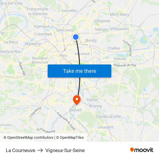 La Courneuve to Vigneux-Sur-Seine map