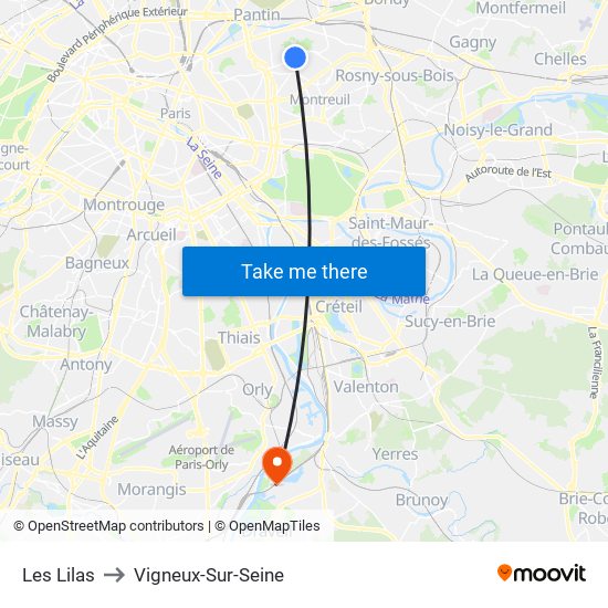 Les Lilas to Vigneux-Sur-Seine map