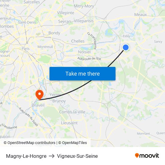 Magny-Le-Hongre to Vigneux-Sur-Seine map