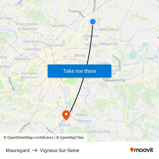 Mauregard to Vigneux-Sur-Seine map
