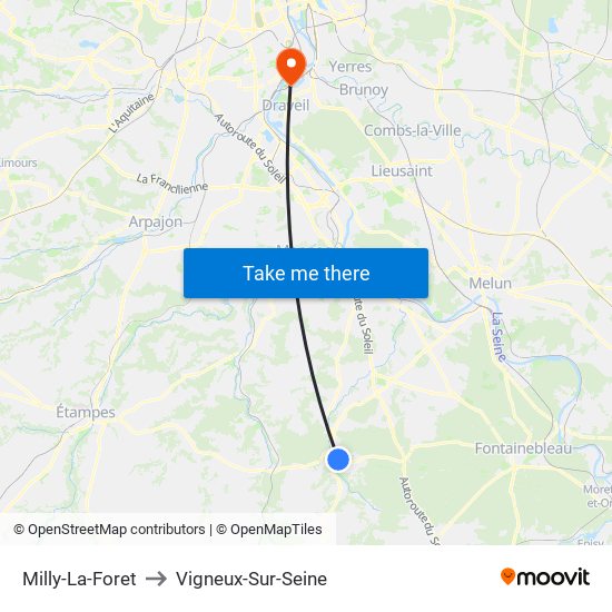 Milly-La-Foret to Vigneux-Sur-Seine map