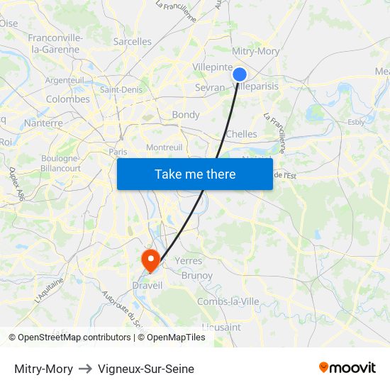 Mitry-Mory to Vigneux-Sur-Seine map