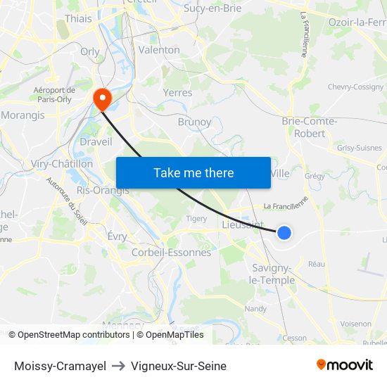 Moissy-Cramayel to Vigneux-Sur-Seine map