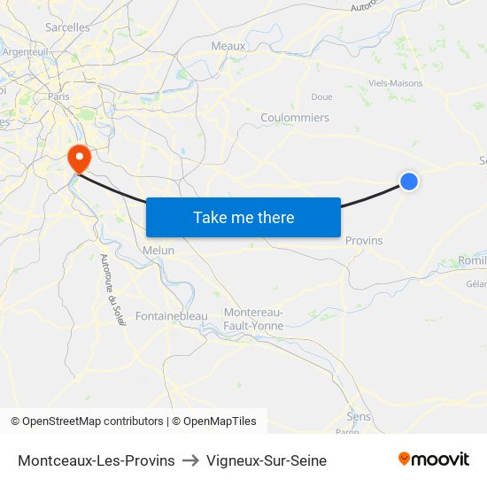 Montceaux-Les-Provins to Vigneux-Sur-Seine map