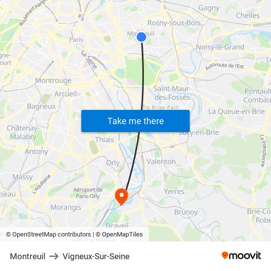 Montreuil to Vigneux-Sur-Seine map