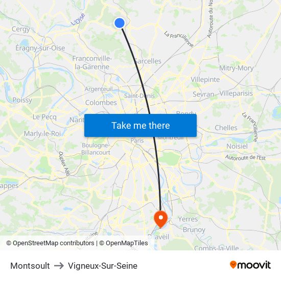 Montsoult to Vigneux-Sur-Seine map