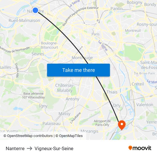 Nanterre to Vigneux-Sur-Seine map