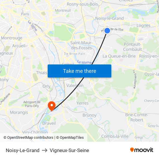 Noisy-Le-Grand to Vigneux-Sur-Seine map