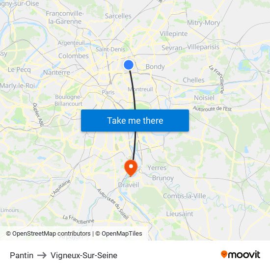Pantin to Vigneux-Sur-Seine map