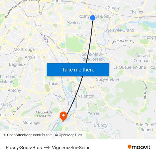 Rosny-Sous-Bois to Vigneux-Sur-Seine map