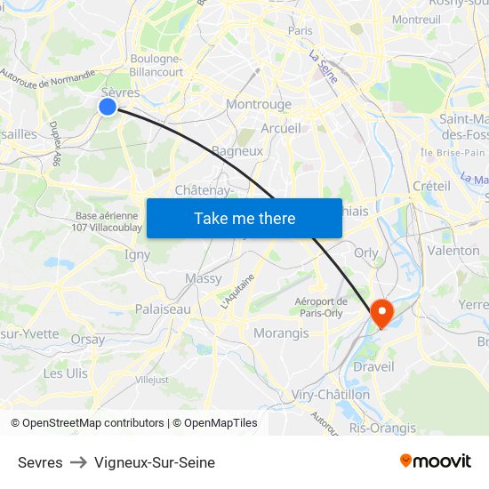 Sevres to Vigneux-Sur-Seine map