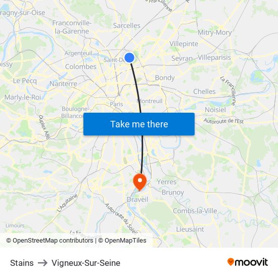 Stains to Vigneux-Sur-Seine map