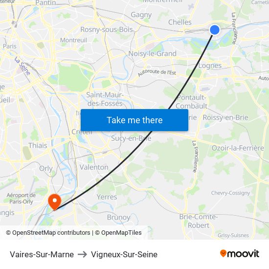 Vaires-Sur-Marne to Vigneux-Sur-Seine map