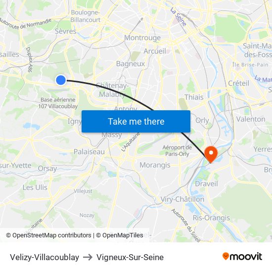 Velizy-Villacoublay to Vigneux-Sur-Seine map