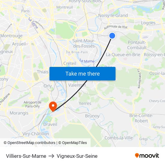 Villiers-Sur-Marne to Vigneux-Sur-Seine map