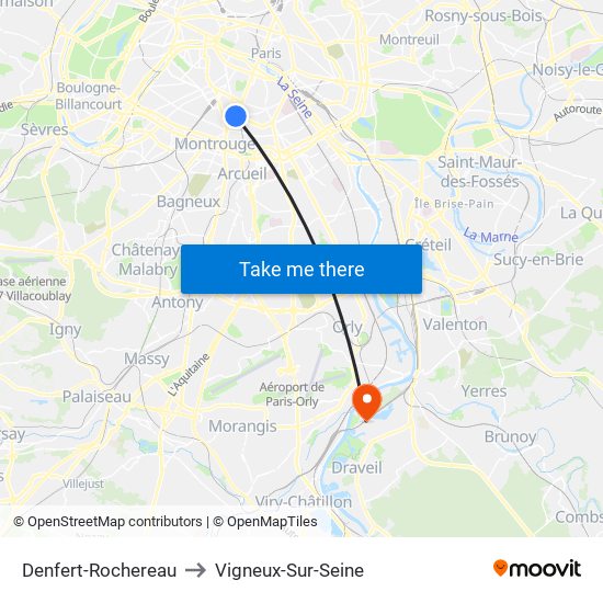 Denfert-Rochereau to Vigneux-Sur-Seine map