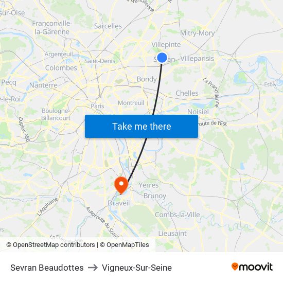 Sevran Beaudottes to Vigneux-Sur-Seine map