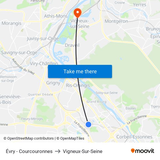 Évry - Courcouronnes to Vigneux-Sur-Seine map