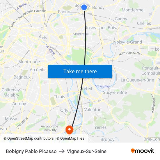 Bobigny Pablo Picasso to Vigneux-Sur-Seine map