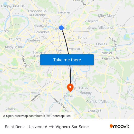 Saint-Denis - Université to Vigneux-Sur-Seine map