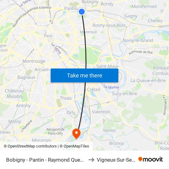 Bobigny - Pantin - Raymond Queneau to Vigneux-Sur-Seine map