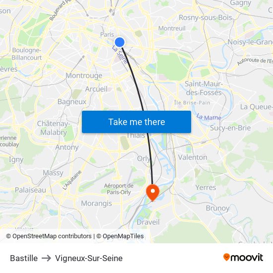 Bastille to Vigneux-Sur-Seine map