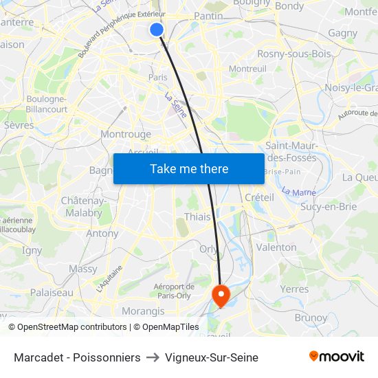 Marcadet - Poissonniers to Vigneux-Sur-Seine map