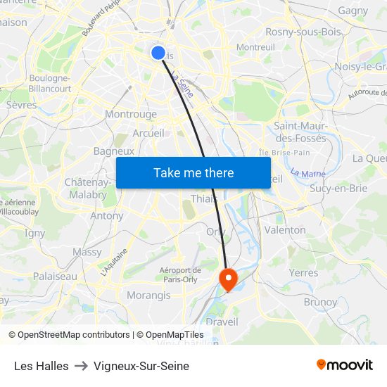 Les Halles to Vigneux-Sur-Seine map