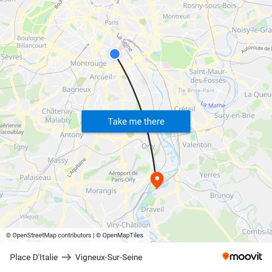 Place D'Italie to Vigneux-Sur-Seine map