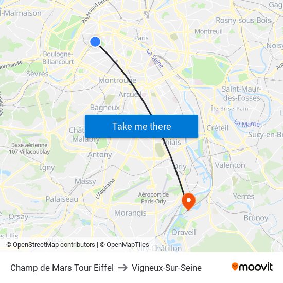 Champ de Mars Tour Eiffel to Vigneux-Sur-Seine map